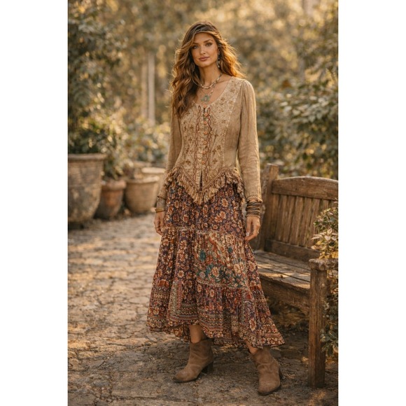 Lotus Fashions Tops - Lotus Fringe Hem Embroidered Boho Top Hippie Peasant Festival Fairy M Ethereal